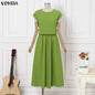 VONDA Women Plus Size Sets Elegant 2PCS Solid Color Two-piece Outfits Short Sleeve Summer Tops Long Skirts Streetwear Dress Sets