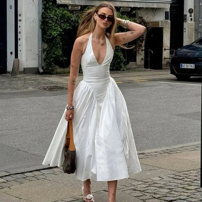 Talenza Backless Deep V Spliced Long Dress Summer Women's Sexy Party Dress Halter New Fashion Slim White Sleeveless Long Dress