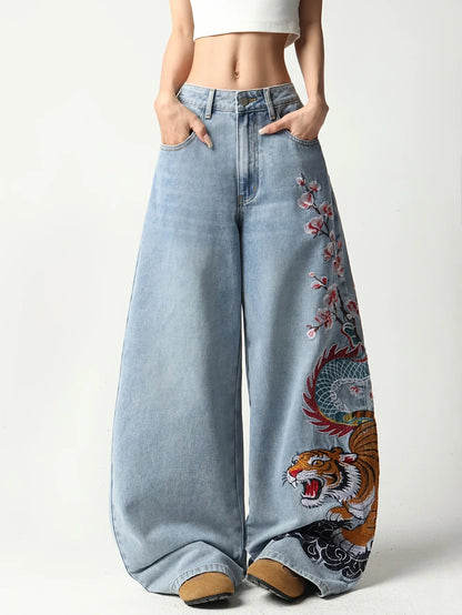European And American Wide-Leg Denim Pants, Featuring Dragon, Tiger, Plum Blossom, And Cloud Embroidery, High-Waisted Jeans