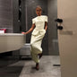 Casual Women's Waist Cinched Blazer Pants Set O-Neck Puff Sleeve