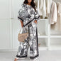 Vintage Printed Shirt High Waist Wide Leg Pants Suit Women Casual Two Piece Set Irregular 3/4 Length Shirt Trousers Holiday Sets
