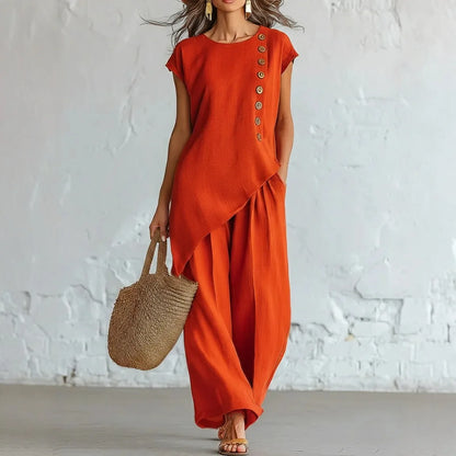 Women 2 Piece Set Elastic Waist Pocket Button Decorate Wide Leg