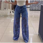High Waist Wide Leg Jeans Pants Summer Fashionable Lace Splicing Hollow Out Denim Draping Jeans Ladies Cotton Zipper Spring