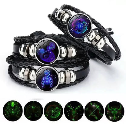 Luminous 12 Zodiac Constellation Sign Braided Couples Leather Bracelet For men Black Rope Charm Party Grow in the dark Jewelry