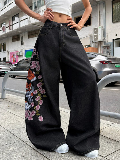 American Retro Tiger Flower Embroidered Black Loose Wide-Leg Jeans For Women, Street Hip-Hop Fashionable And Versatile Trousers