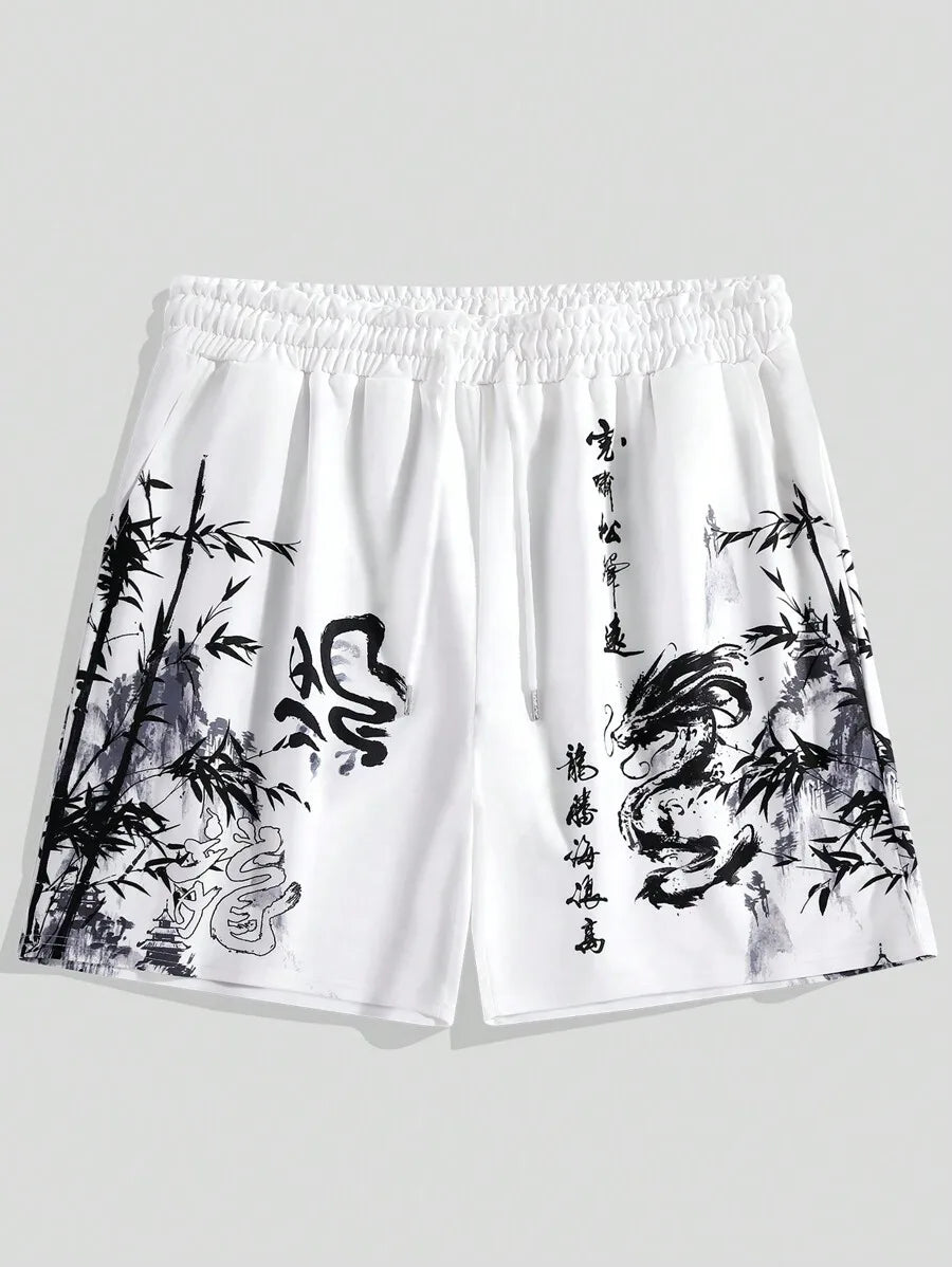 New men's summer shorts loose and luxurious shorts 3D printed casual bamboo forest dragon print Harajuku ancient style shorts