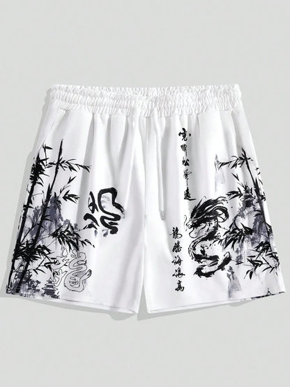 New men's summer shorts loose and luxurious shorts 3D printed casual bamboo forest dragon print Harajuku ancient style shorts