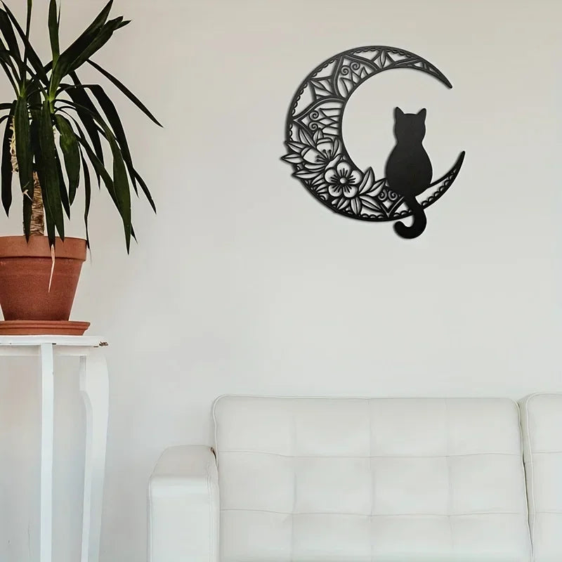 HelloYoung Black Cat On The Moon Wall Pediments, Cat And Moon Metal Wall Decor, Cat Wall Sculpture for Cats Lover, Home Decor