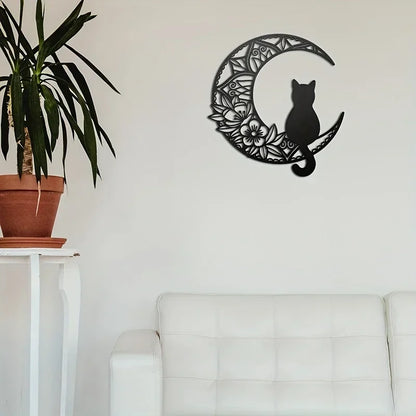 HelloYoung Black Cat On The Moon Wall Pediments, Cat And Moon Metal Wall Decor, Cat Wall Sculpture for Cats Lover, Home Decor