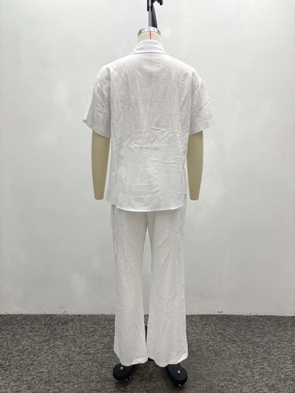 Women Casual Two Piece Pant Set Short Sleeve Turn Down Collar Shirts Top and High Waist Loose Wide Leg Pant Matching Set 2025