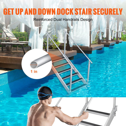 SucceBuy 4/6 Step Dual Handrails Dock Ladder Aluminum with Rubber Mat 30"-39" Adjustable Height for Lake Marine Boarding Pool