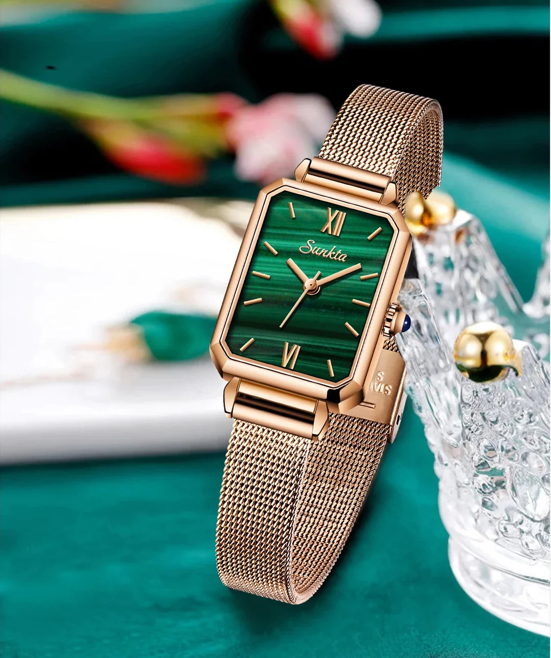 Women's Rectangular Quartz Watch with Mesh Band