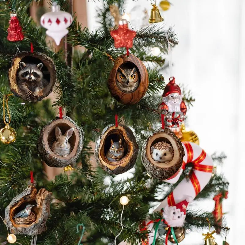 2024 Animal Christmas Ornaments 2D Cute Acrylic Raccoon Cat Owl Squirrel Animal Pendant for Christmas Tree Decoration