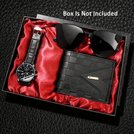 Men's Watch Gift Set – Quartz Watch, Sunglasses & Wallet 3-Piece Set, Casual Gift for Men