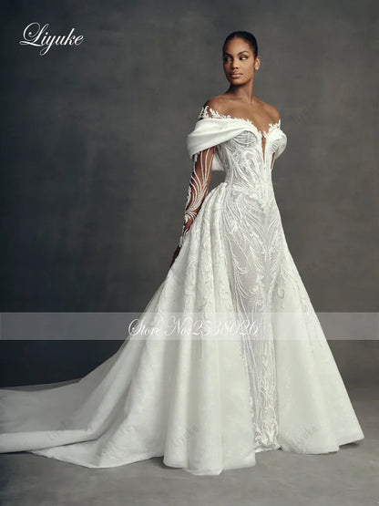 Liyuke Custom Made Luxury Embroidery Mermaid Wedding Dresses Robe De Marriage Removable Train 2 In 1 Lace Trumpet Bridal Gowns