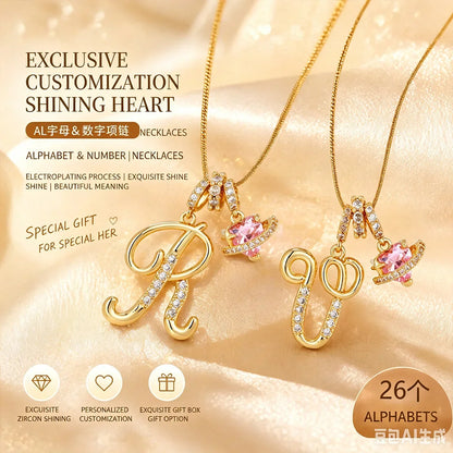 Fashion Letter Necklace for Women Pink Zircon Heart-shaped Pendant Suitable for Girls to Wear Personalized Gold-plated Jewelry