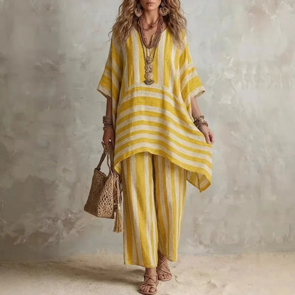 New Women's Two Piece Spring/summer Fashion V-Neck Loose Striped
