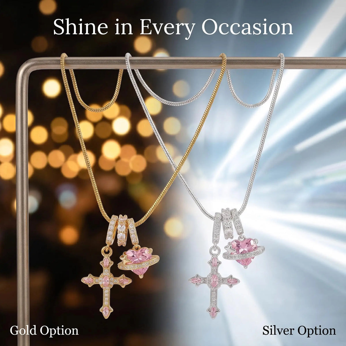 Heart Cross Pendant Necklace for Women Stainless Steel Necklace 14K Gold Plated Snake Chain Necklace with Pink Zircon Heart & Cross Charms, Hypoallergenic Dainty Layering Pendant Necklace Jewelry Gift for Women Girls Valentin