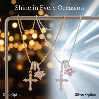 Heart Cross Pendant Necklace for Women Stainless Steel Necklace 14K Gold Plated Snake Chain Necklace with Pink Zircon Heart & Cross Charms, Hypoallergenic Dainty Layering Pendant Necklace Jewelry Gift for Women Girls Valentin