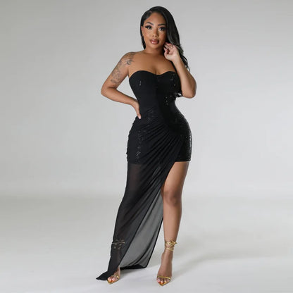 Women's New Sequined Dress Split Bead Tube Top Dress