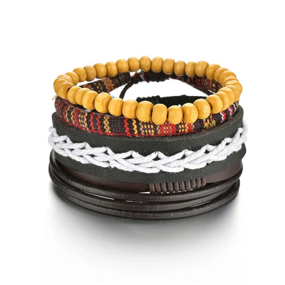New Trendy Retro 4pcs/Set Bracelets & Bangles Men's Multilayer Black Leather Jewelry Charm Pulseiras Boyfriend Wristband