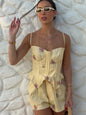 Bandeau Print Spaghetti Strap Shorts Two-piece Set Boned Shaping French Floral Ruffled Waist Corset Set 2026 Summer New Outfit