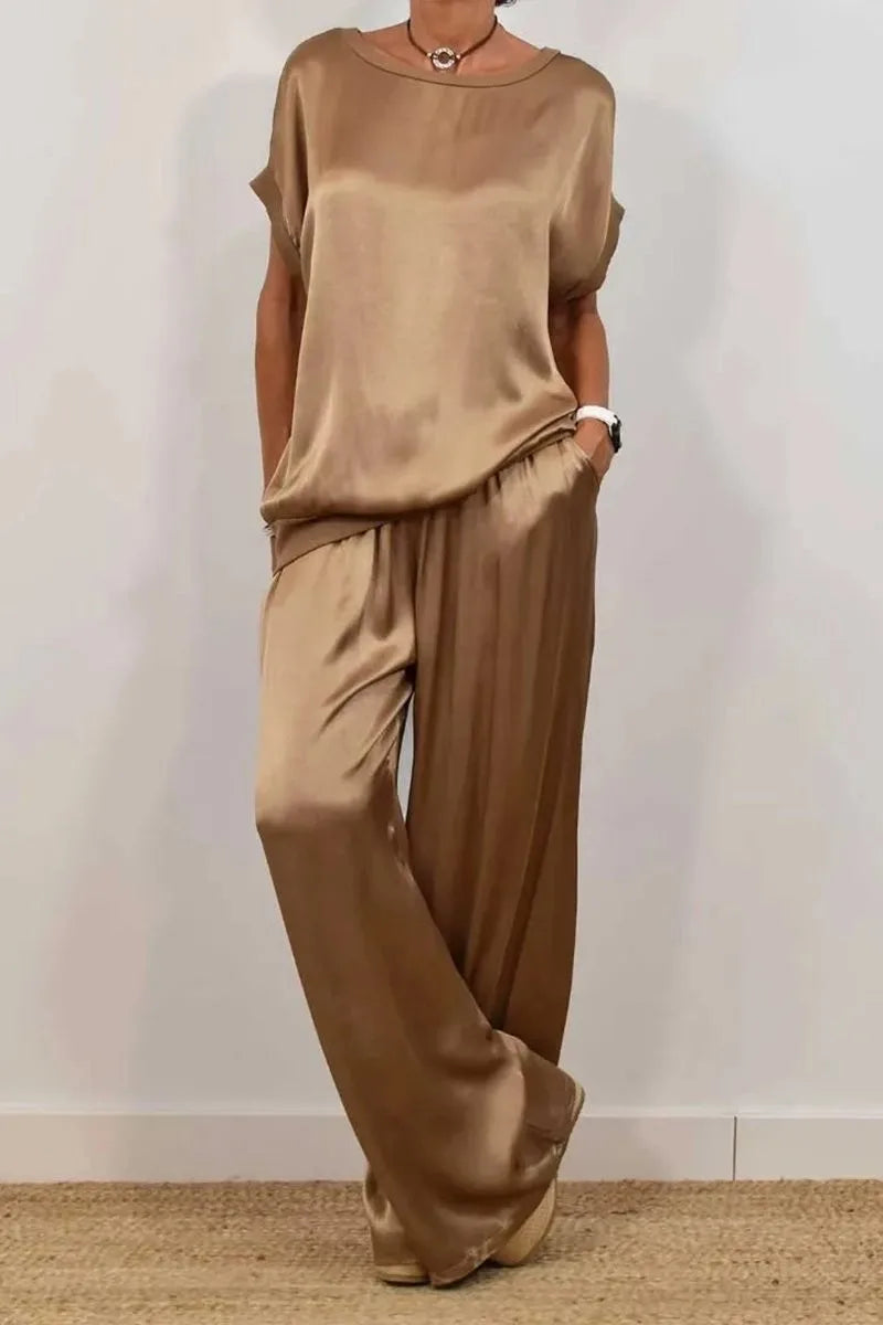 Casual Loose Satin T Shirt Pants Two Piece Sets Women Fashion O-Neck