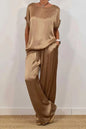 Casual Loose Satin T Shirt Pants Two Piece Sets Women Fashion O-Neck