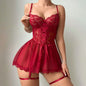 Lace Open Bra Underwear Set Lace Up  Lingerie Transparent Deep V Bra Baby Doll Dress Women Erotic  Mesh Garter Underwear Sets