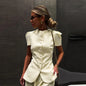 Casual Women's Waist Cinched Blazer Pants Set O-Neck Puff Sleeve