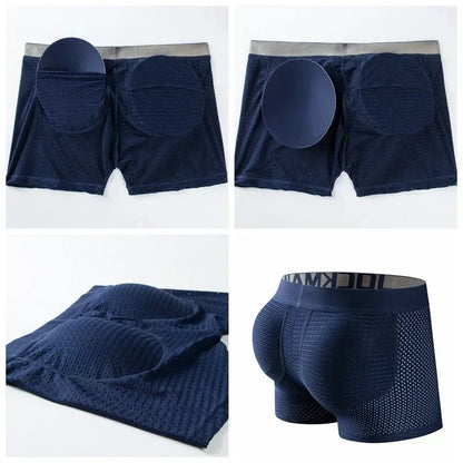 Men's Sexy Ice Mesh Breathable Butt Lift Boxer Briefs Underwear, Comfy Padded Underwear Boxer with Hip Pad Buttocks Boxer Trunk