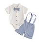 Infant Baby Boy Summer Gentleman Outfit Short Sleeve Lapel Neck Shirt Romper + Stripe Suspender Shorts + Bowtie for Newborn