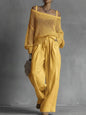 Vintage Women 2 Piece Outfit Off Shoulder Hollow Out Knit Sweater Top Elastic Drawstring Wide Leg Long Pants Casual Matching Set