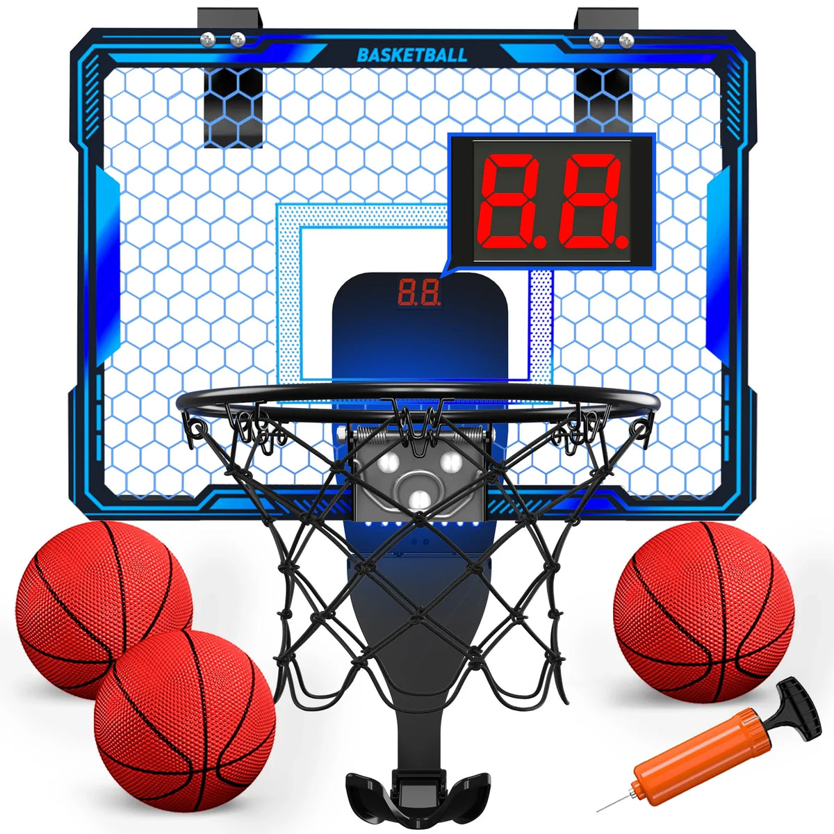 Mini Indoor Basketball Hoop with 7 LED Lights Scoreboard 3 Play Modes Adjustable Volume over Door Foldable for Kids Adults