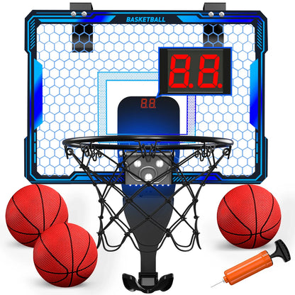 Mini Indoor Basketball Hoop with 7 LED Lights Scoreboard 3 Play Modes Adjustable Volume over Door Foldable for Kids Adults