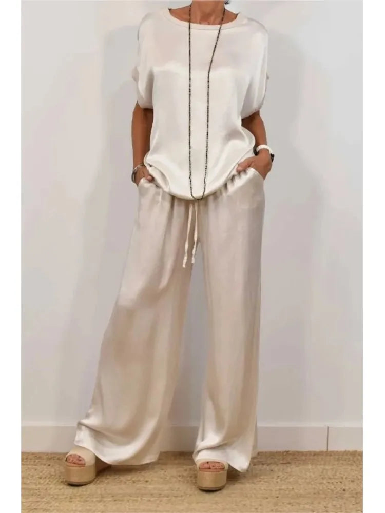 2-Piece Set Fashion Satin O Neck T-Shirt Top Trousers Summer Retro