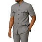 Safari Men Suits with Short Sleeves for Prom Party 2 Pieces Chinese Fashion Style Outdoors Costumes Suit Set Custom Made