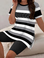 2025 Women New Slit Printed Top Round Neck T-shirt + Sports Shorts Fashionable Casual Women Sports Style Comfortable Shorts Suit