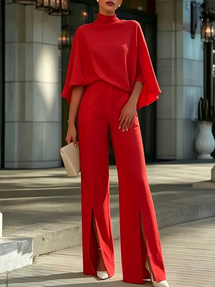 Summer Chiffon Women's 2 Piece Temperament Solid Color Half Sleeve Tops And Pants Sets Elegant High Waist Wide Leg Pants Outfits