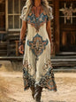 Plus Size Summer New Arrival Retro Ethnic Tie-Dye Dress V-Neck Short Sleeve Loose Boho Vacation Maxi Skirt