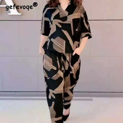 Casual Fashion Geometric Letter Printing Pant Sets Summer Short Sleeve
