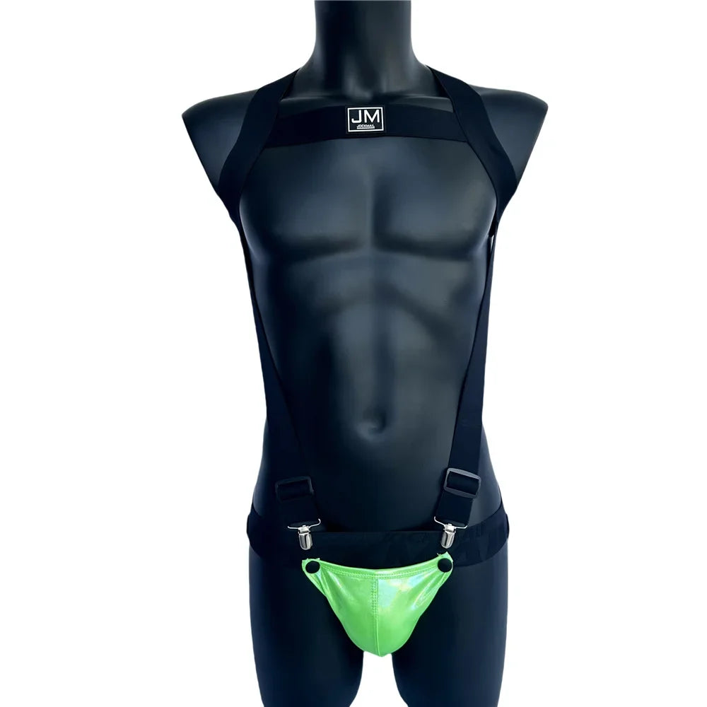 Sets Men Bodysuit Suspender Jumpsuits Nylon Jock Strap Harness Gay Underwear Jockstrap Laser Faux Leather Removable Penis Pouch