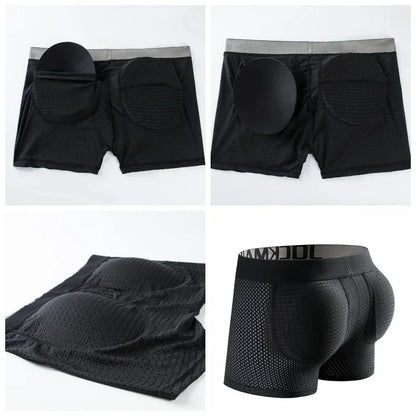 Men's Sexy Ice Mesh Breathable Butt Lift Boxer Briefs Underwear, Comfy Padded Underwear Boxer with Hip Pad Buttocks Boxer Trunk
