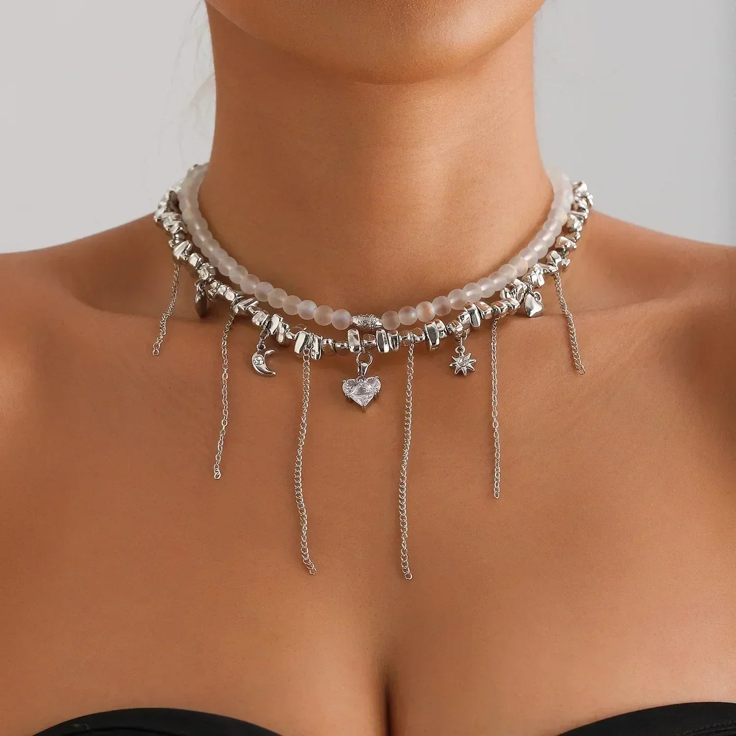 Fashion Heart Beaded Necklace for Women Boho Elegant Irregular Crystal Chain Y2K Choker Exquisite Party Gift Jewelry Accessories