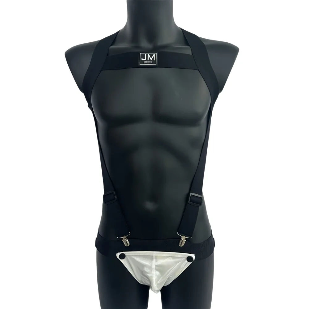 Sets Men Bodysuit Suspender Jumpsuits Nylon Jock Strap Harness Gay Underwear Jockstrap Laser Faux Leather Removable Penis Pouch