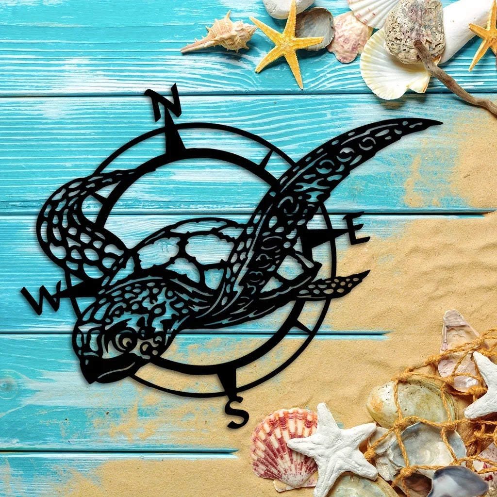 HelloYoung Black Metal Sea Turtle Compass Wall Sign - Perfect Beach Home Decor for Kitchen, Garden, and Housewarming Gifts