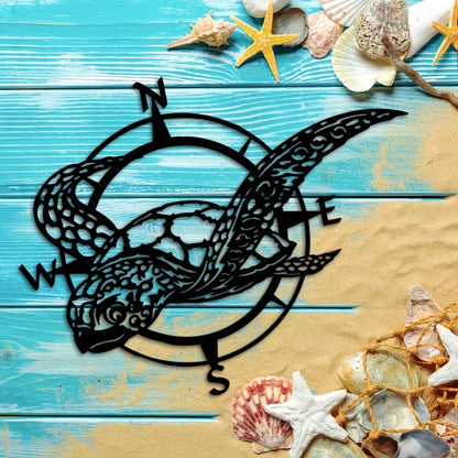 HelloYoung Black Metal Sea Turtle Compass Wall Sign - Perfect Beach Home Decor for Kitchen, Garden, and Housewarming Gifts