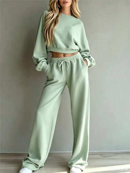 Autumn New Casual O Neck Long-Sleeved Ultra-Short Sweatshirt Trousers