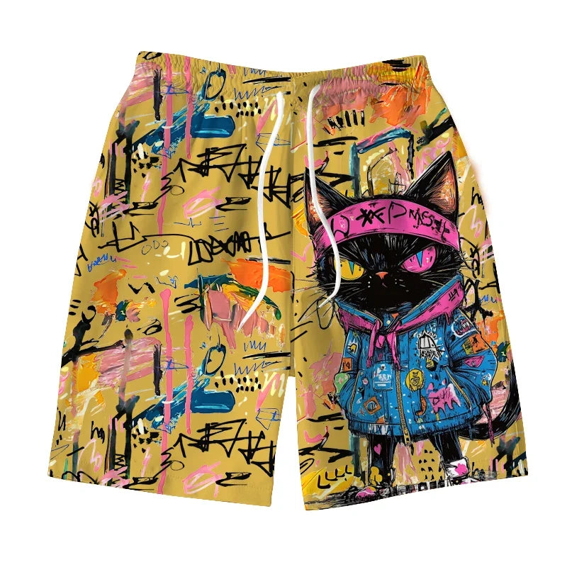 Men's Hawaiian swimming trunks 3D graffiti kitten macaron print shorts quick-drying outdoor leisure sports fashion men's shorts