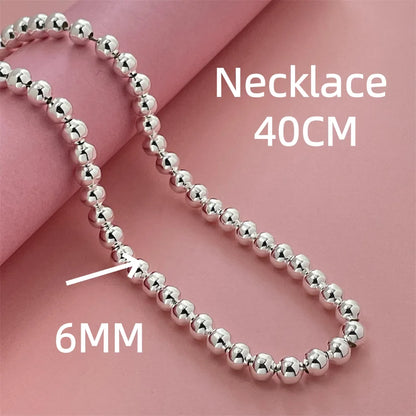 925 Sterling Silver Round Bead Chain Necklace 4/6/8mm Smooth Ball Beads 40-60CM Choker Necklaces for Women Daily Jewelry